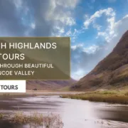 A scenic view of Glencoe Valley with mountains reflecting in the calm water, featuring a banner that reads "Scottish Highlands Tours: Journey Through Beautiful Glencoe Valley" by Wee Scottish Tours.