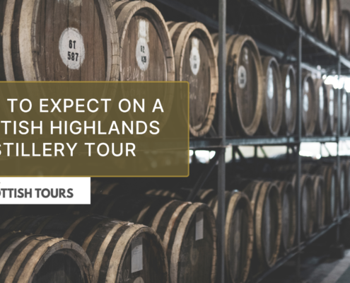 Wooden whisky barrels stacked in a Scottish Highlands distillery, showcasing the aging process during a distillery tour.