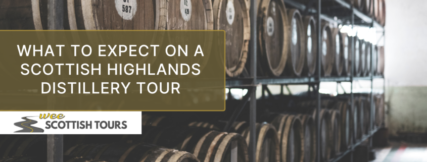 Wooden whisky barrels stacked in a Scottish Highlands distillery, showcasing the aging process during a distillery tour.