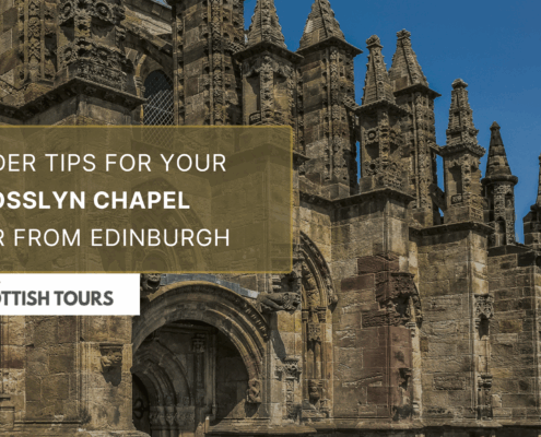 Promotional image for a Rosslyn Chapel tour from Edinburgh, featuring the chapel's ornate Gothic exterior and a text overlay with tour information from Wee Scottish Tours.