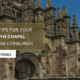 Promotional image for a Rosslyn Chapel tour from Edinburgh, featuring the chapel's ornate Gothic exterior and a text overlay with tour information from Wee Scottish Tours.