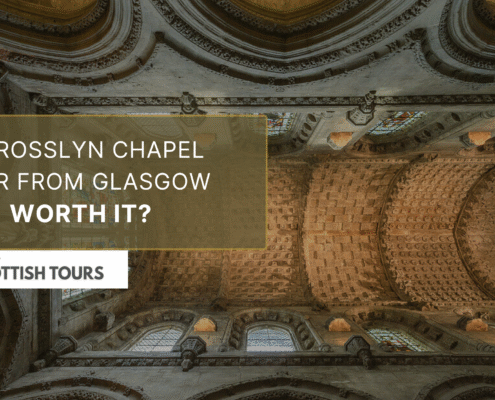 Promotional image for a Rosslyn Chapel tour from Glasgow by Wee Scottish Tours, showing the chapel’s ornate ceiling with text overlay.