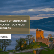 Promotional banner for Wee Scottish Tours featuring Urquhart Castle at Loch Ness during sunset with the text “Central Highlands Tour from Edinburgh”