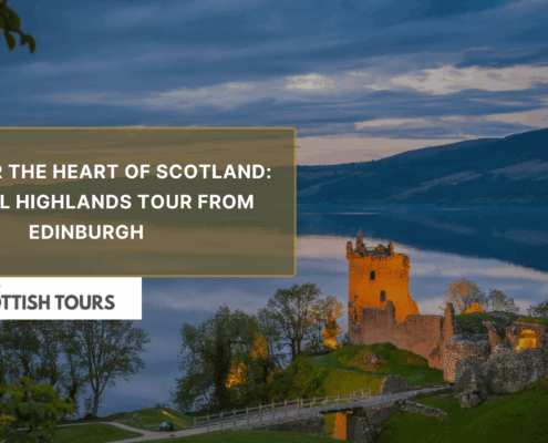 Promotional banner for Wee Scottish Tours featuring Urquhart Castle at Loch Ness during sunset with the text “Central Highlands Tour from Edinburgh”