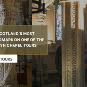 Promotional banner for Wee Scottish Tours featuring the Apprentice Pillar at Rosslyn Chapel with text promoting the best Rosslyn Chapel tours.