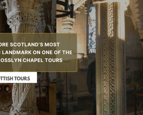 Promotional banner for Wee Scottish Tours featuring the Apprentice Pillar at Rosslyn Chapel with text promoting the best Rosslyn Chapel tours.