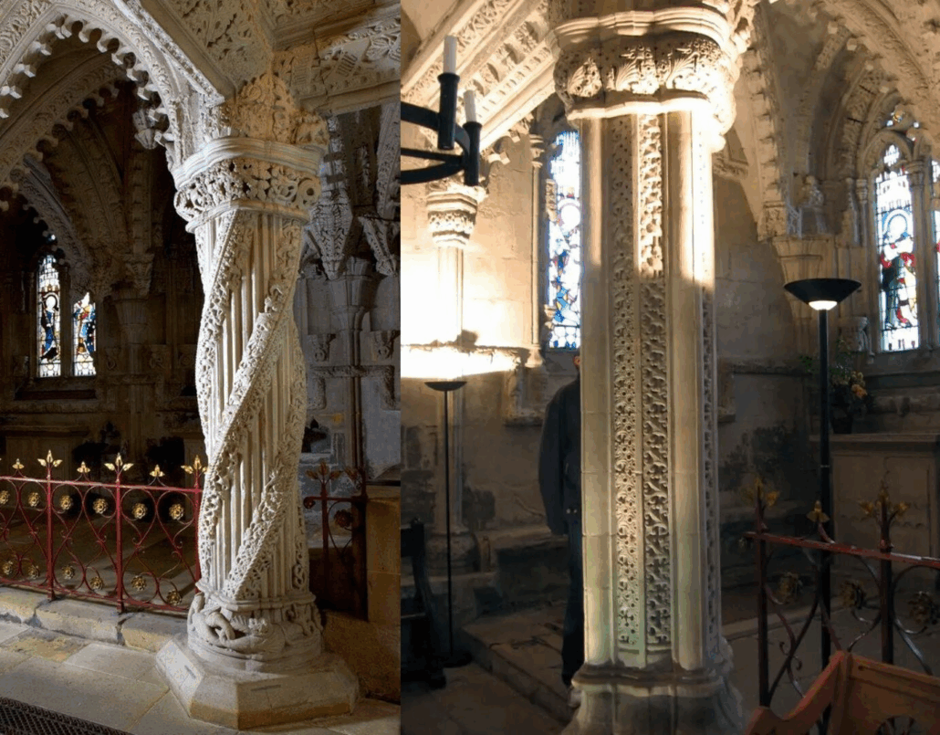 Intricately carved Apprentice and Master pillars inside Rosslyn Chapel with stained glass windows in the background.